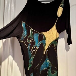 Artistic Black Dress with hand painted Gold and Teal Design